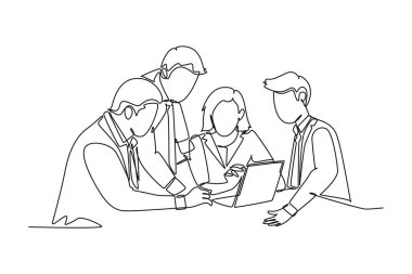 Dizüstü bilgisayar ekranında proje öğrenme grafiğini tartışan genç iş adamı ve iş kadınının sürekli çizdiği bir çizgi. İş toplantısı konsepti. Tek çizgi çizimi tasarım vektörü grafik çizimi