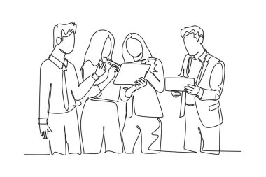 Tek sıra halinde genç, mutlu erkek ve kadın işçiler toplanma odasında projeyi tartışıyor. Ofiste iş tartışması. Dinamik bir çizgi çizer grafik tasarım vektörü çizer