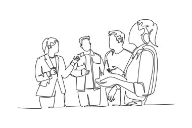 Proje yöneticisinin sürekli çizdiği tek çizgi, genç erkek ve kadın çıraklara şirket işletme sürecini açıklıyor. İş stajı. Bir çizgi çizimi grafik tasarım vektör çizimi