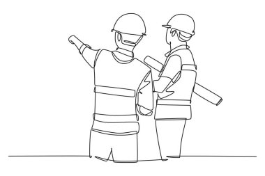 Yatırımcılara öneri sunan genç bir şirket yöneticisinin çizdiği tek satır. Mimarlık sektörü konsepti. Modern sürekli çizgi çizimi tasarım grafik vektör çizimi