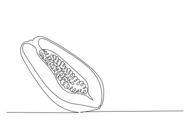 Meyve bahçesi logosu kimliği için sürekli olarak yarım dilimlenmiş sağlıklı, organik papaya çizimi. Meyve bahçesi ikonu için taze meyve konsepti. Tek çizgi çizimi tasarım vektörü grafik çizimi