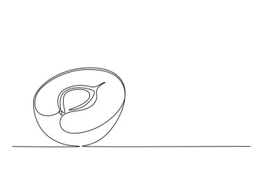 Meyve bahçesi logosu kimliği için tek sıra halinde, yarım dilimlenmiş organik erik. Meyve bahçesi ikonu için taze meyve konsepti. Dinamik bir çizgi çizer grafik tasarım vektörü çizer