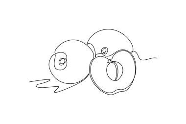 Sürekli bir çizgi çizerek meyve bahçesi logosu kimliği için sağlıklı organik kirazları dilimliyor. Meyve bahçesi ikonu için taze meyve konsepti. Tek çizgi çizimi tasarım vektörü grafik çizimi