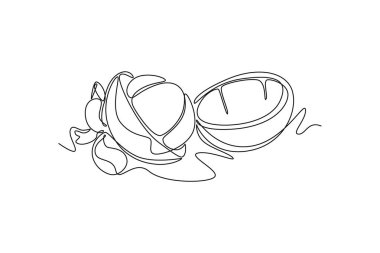 Sürekli bir çizgi halinde meyve bahçesi logosu kimliği için sağlıklı organik mangosenli taze taze dilimler çiziliyor. Meyve bahçesi ikonu için taze konsept. Tek çizgi çizimi tasarım vektörü grafik çizimi