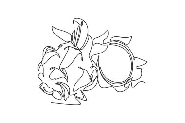 Sürekli bir çizgi halinde meyve bahçesi logosu kimliği için tatlı, sağlıklı organik bir ejderha meyvesi kesiliyor. Meyve bahçesi ikonu için taze ejderha meyvesi. Tek çizgi çizimi tasarım vektörü grafik çizimi