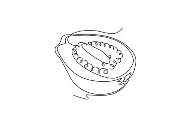 Tek sıra halinde, meyve bahçesi logosu kimliği için dilimlenmiş organik java guava. Bahçe ikonu için taze tropikal meyve kavramı. Dinamik bir çizgi çizer grafik tasarım vektörü çizer