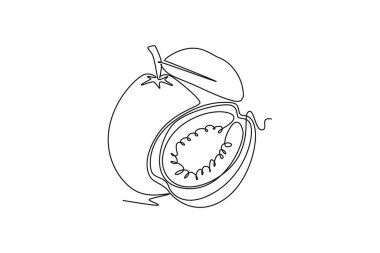 Meyve bahçesi logosu kimliği için tek ve yarım dilimlenmiş organik java guava çizgisi. Bahçe ikonu için taze meyve konsepti. Dinamik bir çizgi çizer grafik tasarım vektörü çizer