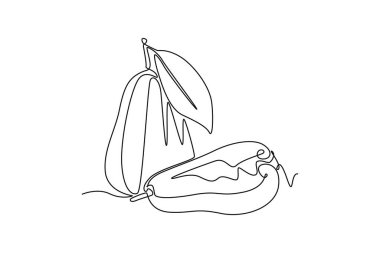 Meyve bahçesi logosu kimliği için tek sıra halinde ve sağlıklı organik çan meyvelerini dilimliyor. Meyve bahçesi ikonu için taze meyve konsepti. Bir çizgi çizimi grafik tasarım vektör çizimi