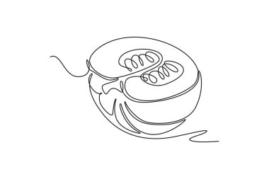 Meyve bahçesi logosu kimliği için tek sıra halinde kesilmiş organik balkabağı. Meyve bahçesi için taze sonbahar meyve konsepti. Dinamik bir çizgi çizer grafik tasarım vektörü çizer