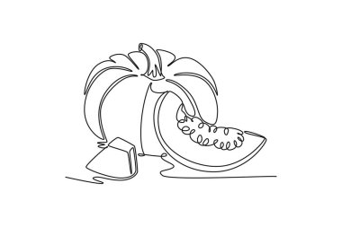 Tek sıra halinde yuvarlak çiziyor ve meyve bahçesi logosu kimliği için sağlıklı organik balkabağı dilimliyor. Meyve bahçesi ikonu için taze sonbahar meyvesi. Bir çizgi çizimi grafik tasarım vektör çizimi