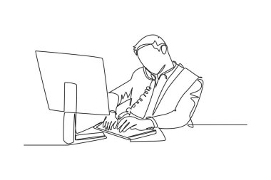 Tek sıra halinde genç bir erkek şirket yöneticisinin ofisteki takım arkadaşına kısa bir telefon konuşması yapması. İş konuşması konsepti. Bir çizgi çizimi grafik tasarım vektör çizimi