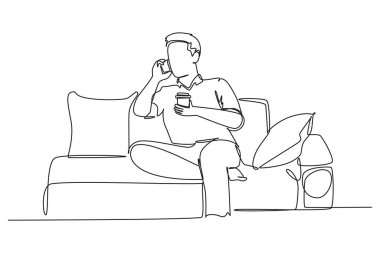 Samimi ofis kanepede iş ortağıyla akıllı telefonda konuşurken elinde kahve fincanı tutan genç ve mutlu müdürü çizen tek sıra. Dinamik bir çizgi çizer grafik tasarım vektörü çizer