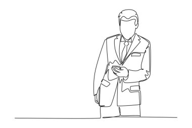 Genç pazarlamacının sürekli tanıtım yaptığı ve müşteriye yeni akıllı telefon aygıtı serisi tanıttığı bir satır. Ürün tanıtım pazarlama konsepti. Tek çizgi çizimi tasarım vektörü grafik çizimi