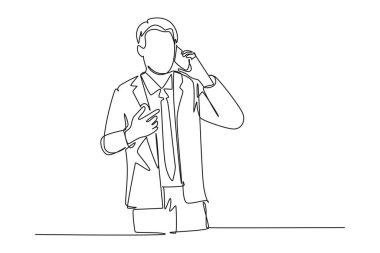 Bir satırda genç CEO 'nun elinde akıllı bir telefonla iş anlaşmasını sorduğu tek bir çizim var. İş sohbeti. Aralıksız çizgi çizimi tasarım grafik vektör çizimi