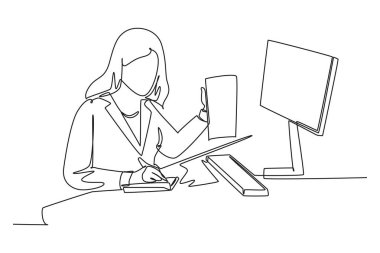 Genç bayan çalışanın sürekli olarak cep telefonuyla arkadaşlarına şirketteki mali raporları sorduğu tek sıra çizimi. Yıllık rapor. Bir çizgi çizimi grafik tasarım vektör çizimi