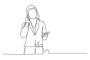 Ofis zemininde duran ve arkadaşıyla akıllı telefondan konuşan genç bir iş kadını. İş görüşmesi konsepti. Dinamik bir çizgi çizer grafik tasarım vektörü çizer