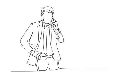 Bir satırda genç bir erkek CEO 'nun iş arkadaşından telefon almak için yürümesi ve elinde akıllı telefon tutması. İş konuşması konsepti. Modern sürekli çizgi çizimi tasarım grafik vektör çizimi