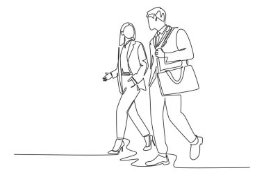 Yıllık rapor yazmak için yeni strateji planı tartışan genç erkek ve kadın çalışanların kesintisiz çizimleri. Şehirdeki banliyö işçileri. Bir çizgi çizimi grafik tasarım vektör çizimi