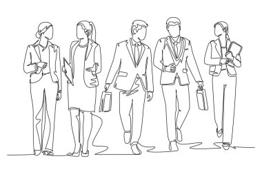 Genç erkek ve kadın işçilerin şehir sokaklarında düzenli olarak yürüdükleri tek sıra çizimi ofise gidiyor. Şehirdeki banliyö işçileri. Bir çizgi çizimi grafik tasarım vektör çizimi