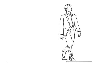 Tek sıra halinde başarılı bir iş adamı öğle yemeği yemek için kantine yürüyor. Fikirleri parlak fikirlere dönüştürmek zaman alıyor. Aralıksız çizgi çizimi tasarım grafik vektör çizimi