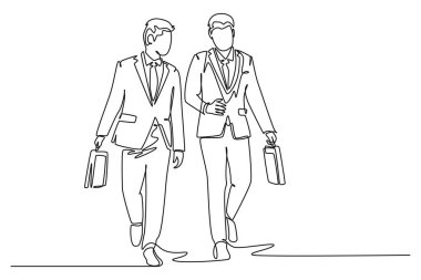 Şehir caddesinde iş arkadaşlarıyla birlikte yürüyen genç işadamları ofise gitmek için iş konuşuyorlar. Şehirdeki banliyö işçileri. Tek çizgi çizimi tasarım vektörü grafik çizimi