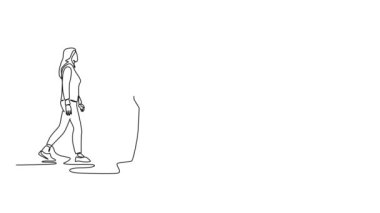 Şehir yolunda her gün yürüyen grup erkek ve kadın banliyö sakinlerinin tek çizgi çizimi ofise gidiyor. Şehirdeki banliyö işçileri. Devamlı çizgi çekme. Tam uzunluk canlandırması