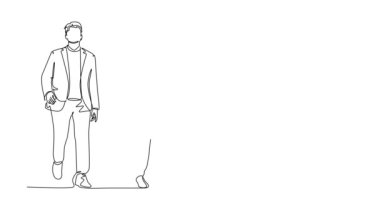 Kendi kendine çizim yapan genç ve mutlu satış müdürleri birlikte yürüyor ve yeni satış stratejilerini tartışıyorlar. Şehir işçileri konsepti. Devamlı çizgi çekme. Tam uzunluk canlandırması