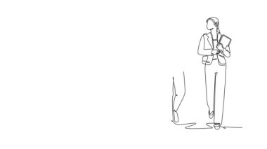 Kendinde tek çizgili animasyon, şehir sokaklarında düzenli bir şekilde yürüyen genç erkek ve kadın işçileri ofise çekiyor. Şehirdeki banliyö işçileri. Devamlı çizgi çekme. Tam uzunluk canlandırması