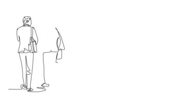 Önerilerini sunmak için atölyeye birlikte yürüyen erkek ve kadın girişim CEO 'sunun kendi kendine çizdiği animasyon. Şehir işçileri konsepti. Devamlı çizgi çekme. Tam uzunluk canlandırması