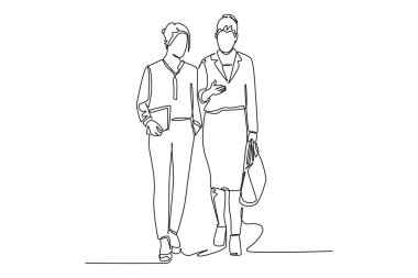 Şirketlerinde finans raporlarını tartışırken aceleyle yürüyen iki genç kadın yöneticinin tek bir çizimi. Şehirdeki banliyö çalışanı. Devamlı çizgi tasarımı grafik vektör illüstrasyonu