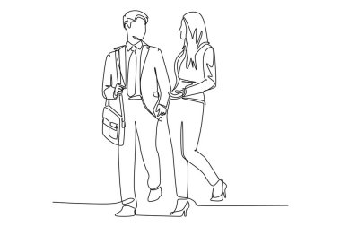 Bir satırda iki iş arkadaşı konuşurken ve yürürken proje yapmayı tartışırken. İş birliği. Tek çizgi çizimi tasarım vektörü grafik çizimi