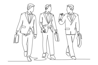 Sürekli olarak genç ve mutlu satış yöneticilerinin birlikte yürüdüğü ve yeni ürün satış stratejilerini tartıştığı bir çizgi çiziliyor. Şehirdeki banliyö işçileri. Tek çizgi çizimi tasarım vektörü grafik çizimi