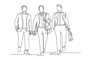 Devamlı bir çizgi halinde genç mutlu iş adamları birlikte yürüyor ve yeni büyük işbirliği projesini tartışıyorlar. Şehir işçileri konsepti. Tek çizgi çizimi tasarım vektörü grafik çizimi