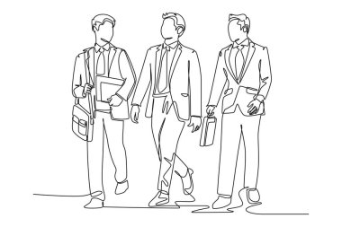 Ofise gitmek için şehir koridorunda genç erkek çalışanların konuşmalarının ve yürümelerinin kesintisiz bir çizgisi. Sokakta birlikte yürüyoruz. Tek çizgi çizimi tasarım vektörü grafik çizimi