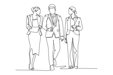 Tek sıra halinde, genç erkek ve kadın çalışanları şehir metrosuna gitmek için sokakta konuşurken ve yürürken çekiyor. Şehir dışından biri. Dinamik bir çizgi çizer grafik tasarım vektörü çizer