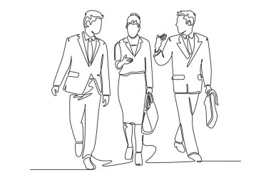 Genç erkek ve kadın yöneticilerin kantine gitmek için ofis lobisinde tek sıra halinde konuşmaları ve yürümeleri. Şehirdeki banliyö işçileri. Bir çizgi çizimi grafik tasarım vektör çizimi