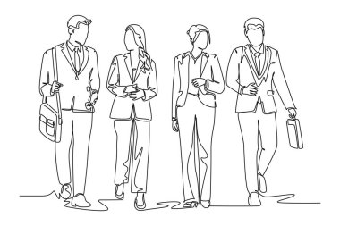 Tek sıra halinde, genç başarılı iş adamları ve iş kadınlarını şehir yolunda iş konuşmaya çeken bir grup. Şehirdeki banliyö işçileri. Bir çizgi çizimi grafik tasarım vektör çizimi