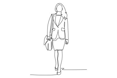 Tek sıra halinde, genç bayan yöneticinin aceleyle şehir caddesinde yürüdüğünü gösteren ofis toplantısına geç kalmamaya çalış. Şehirdeki banliyö çalışanı. Aralıksız çizgi çizimi tasarım grafik vektör çizimi