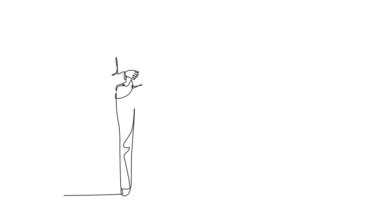 Tek çizgili kendi kendine çizim yapan genç bayan yöneticiler şehir sokaklarında düzenli bir şekilde yürüyorlar ve ofise gidiyorlar. Şehir işçileri konsepti. Devamlı çizgi çekme. Tam uzunluk canlandırması