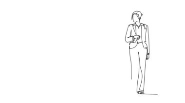 Tek bir çizginin kendi kendine çizimi genç işadamı ve iş kadınını ofis lobisinde yürümeye ve konuşmaya çekiyor. Şehirdeki banliyö işçisi konsepti. Devamlı çizgi çekme. Tam uzunluk canlandırması