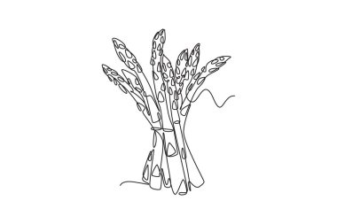 Bahçe logosu kimliği için sağlıklı taze organik kuşkonmazların kesintisiz çizimi. Sebze ikonu için taze serçe otu konsepti. Tek çizgi çizimi tasarım vektörü grafik çizimi