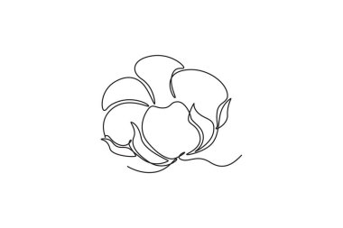 Tarım logosu kimliği için yumuşak ve kabarık pamuk çiçeklerinin tek sıra çizimi. Bahçe ikonu için iplikçik çiçeği konsepti. Dinamik bir çizgi çizer grafik tasarım vektörü çizer
