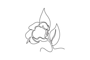 Tarım logosu kimliği için yumuşak ve kabarık pamuk çiçeklerinin tek sıra çizimi. Bahçe ikonu için iplikçik çiçeği konsepti. Dinamik bir çizgi çizer grafik tasarım vektörü çizer