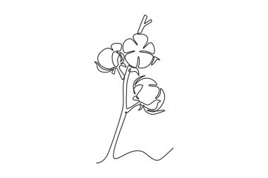 Tarım logosu kimliği için yumuşak ve kabarık pamuk çiçeklerinin tek sıra çizimi. Bahçe ikonu için iplikçik çiçeği konsepti. Dinamik bir çizgi çizer grafik tasarım vektörü çizer