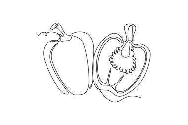 Çiftlik logosu kimliği için sürekli yarım dilimlenmiş organik dolmalık biber çizimi. Sebze ikonu için taze biber konsepti. Tek çizgi çizimi tasarım vektörü grafik çizimi