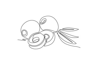 Meyve bahçesi logosu kimliği için tek sıra sağlıklı organik zeytin meyvesi. Meyve ikonu için taze ana bileşenler konsepti. Modern sürekli çizgi çizimi tasarım grafik vektör çizimi