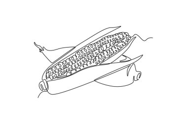 Sürekli bir çizgi halinde, çiftlik logosu kimliği için sağlıklı organik mısır ekinleri soyuluyor. Nişastalı sebze ikonu için taze mısır kavramı. Tek çizgi çizimi tasarım vektörü grafik çizimi