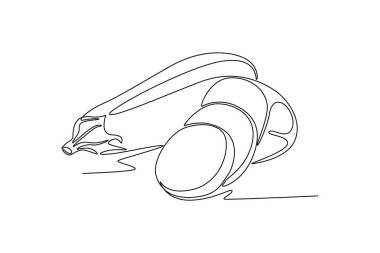 Piyasa logosu kimliği için sağlıklı organik patlıcanları dilimleyen kesintisiz bir çizgi. Sebze ikonu için taze tropikal bitkiler. Tek çizgi çizimi tasarım vektörü grafik çizimi