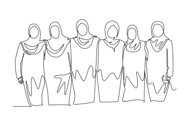 Sürekli tek sıra halinde bir grup Arap kadını kucaklıyor. Dişi birlikte. Farklı arkadaşlarla dostluk gününüz kutlu olsun. Özel bir olayı kutlamak için kucaklaşıyoruz. Tek çizgi tasarım vektör çizimi