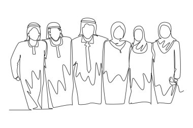 Sürekli bir çizgi halinde sonsuza dek arkadaş çekeceğiz. Birlikte duran kızlarla oğlanlarla mutlu bir arkadaşlığa sarılmak. Bir grup Arap arkadaş, erkek, kadın iyi ilişkiler. Tek çizgi tasarım vektör çizimi